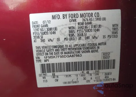 2013 Ford Explorer Limited from USA, damaged, VIN 1FM5K7F95DGA87563